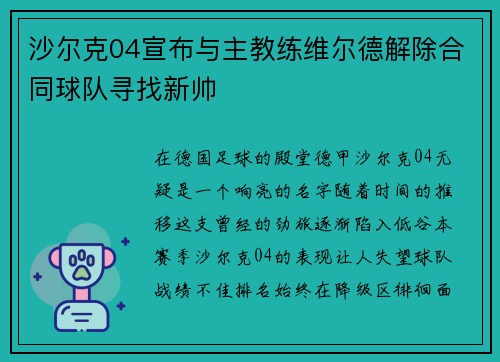 沙尔克04宣布与主教练维尔德解除合同球队寻找新帅
