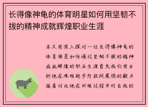 长得像神龟的体育明星如何用坚韧不拔的精神成就辉煌职业生涯